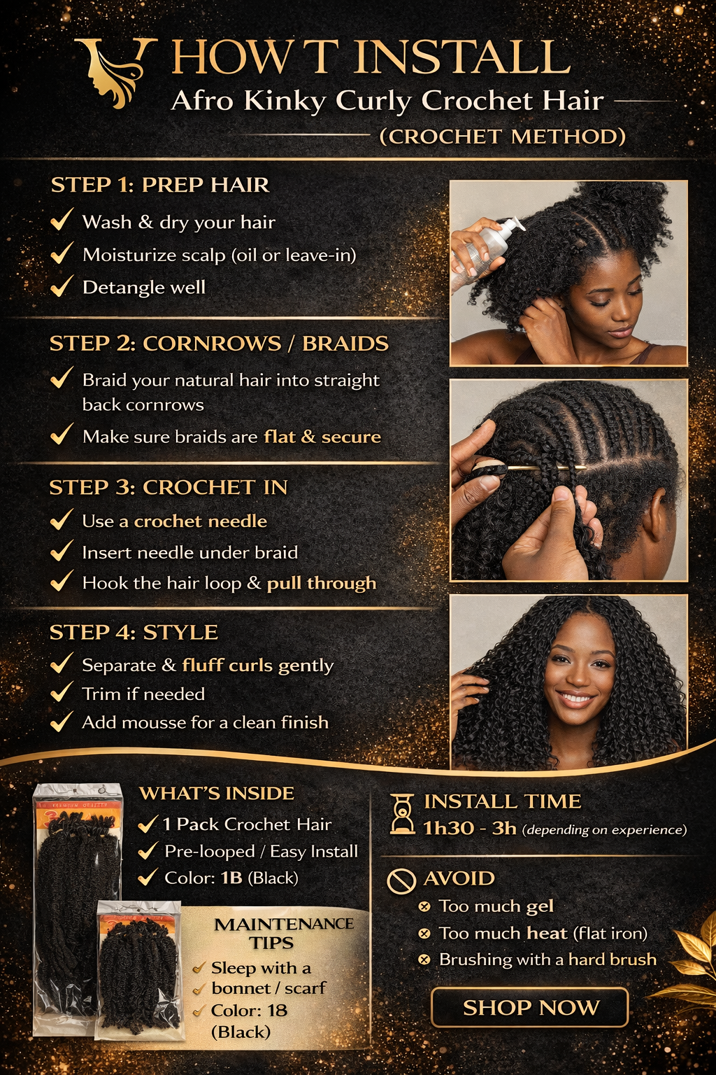 20” Afro Kinky Curly Crochet Hair (1B) – Natural 4C Texture