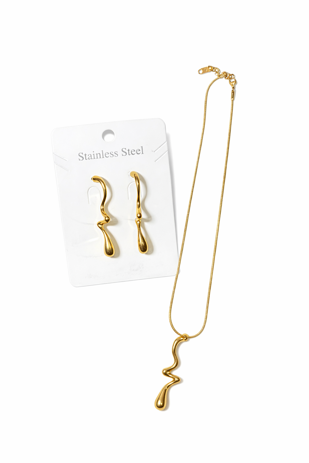 Gold Wavy Jewelry Set – Stainless Steel Necklace & Earrings