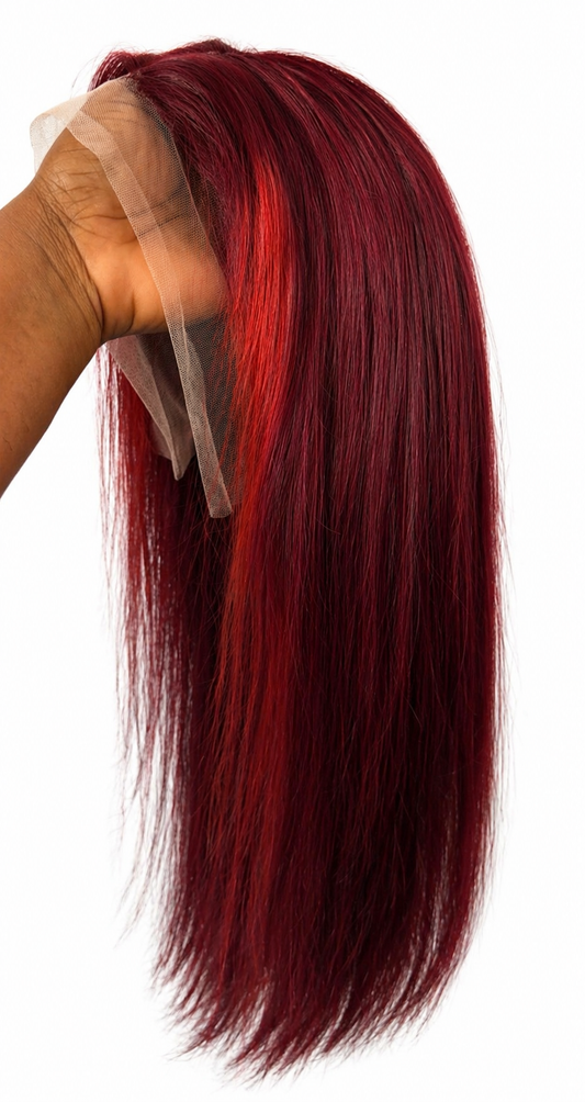 •	Burgundy Straight Lace Front Wig – 13x4 Frontal